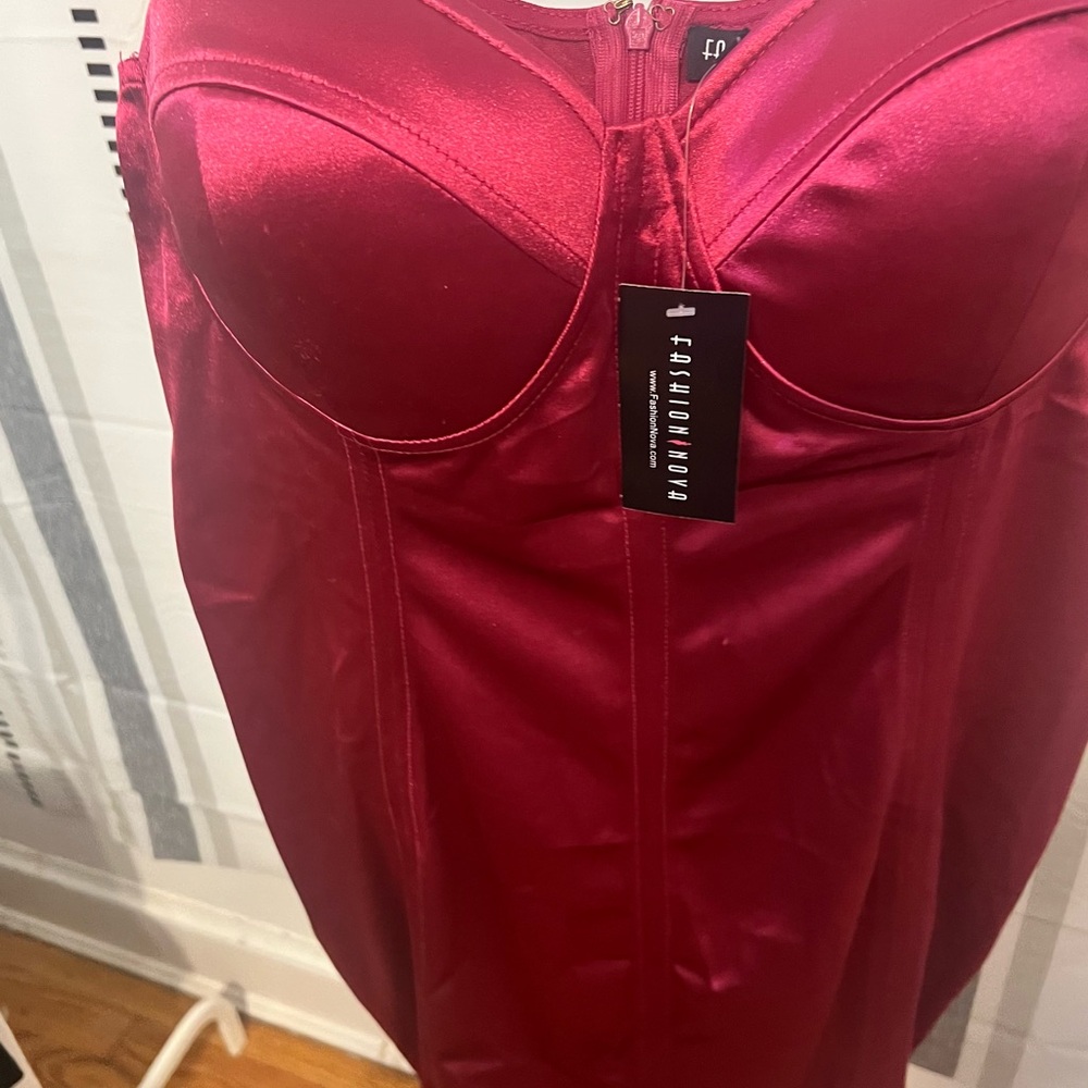 Fashion Nova Satin Mini Dress in Burgundy